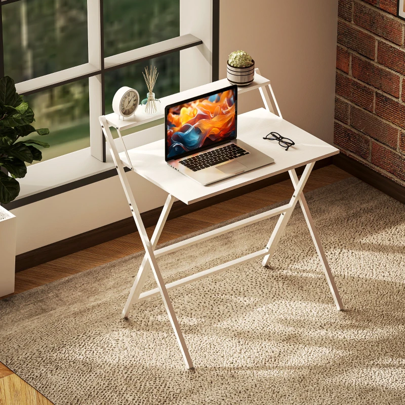 HOMCOM Scrivania Pieghevole con Ripiano per Monitor, 81.5x62x86.5 cm, Bianco