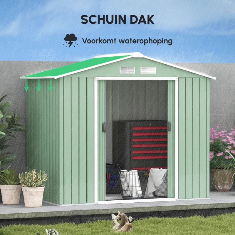 Outsunny gereedschapsschuur, tuinhuisje, met schuifdeuren, fundering, weerbestendig, staal, groen, 213 x 130 x 185 cm(m-4)