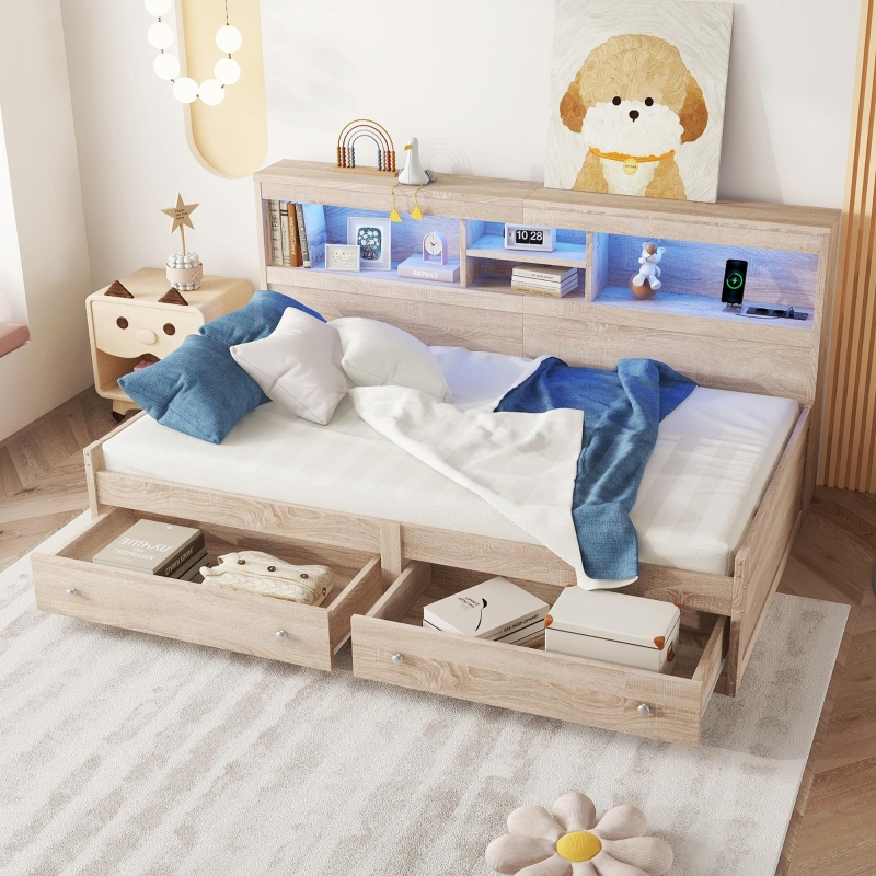 Divano Letto - 140 X 200 Cm - Divano Letto - 2 Cassetti E Presa Elettrica - Legno Di Pino Compensato Mdf Bianco