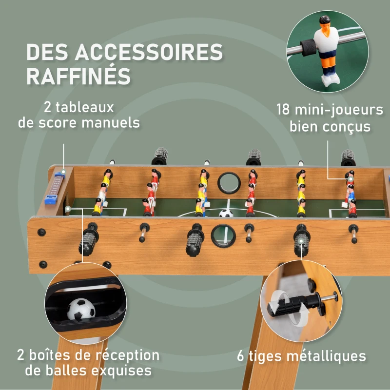 HOMCOM Babyfoot pliable en bois avec 18 joueurs, 2 ballons, 6 tiges et tableau de bord, pour adulte et enfant,  69 x 37 x 70 cm