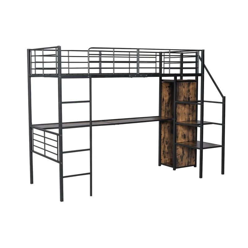 Letto a soppalco 90×200 cm, con scrivania e armadio aperto, senza materasso, Nero