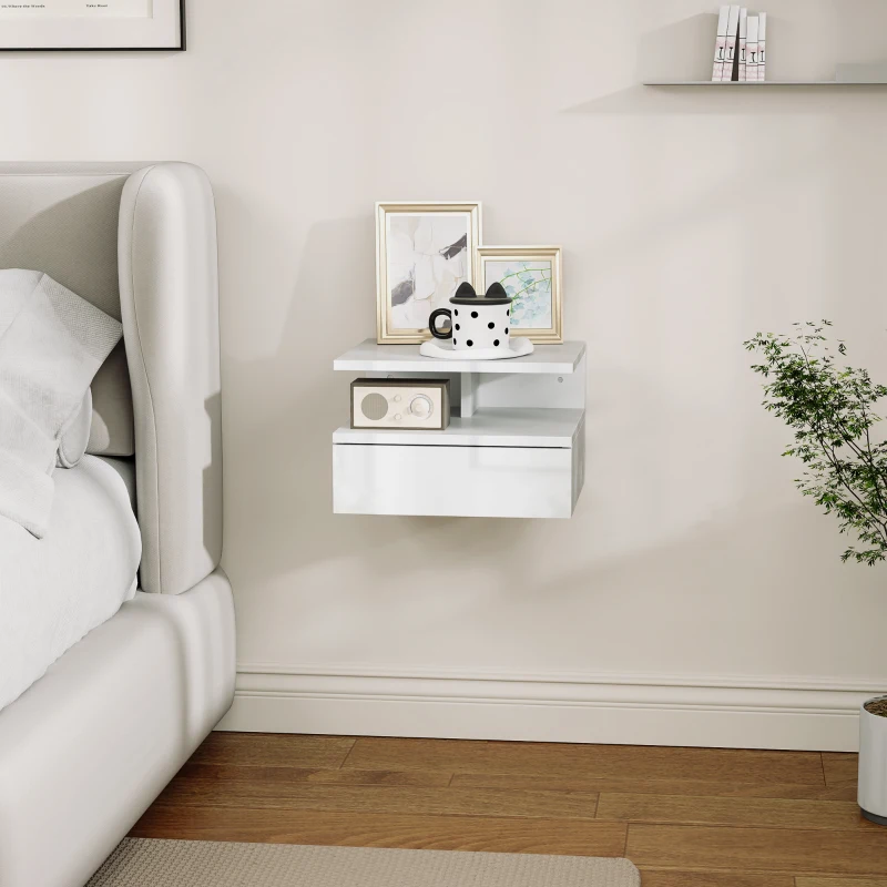 HOMCOM Comodino Sospeso per Camera da Letto con Cassetto e Ripiano Aperto in Legno, 35x32x22.5 cm, Bianco