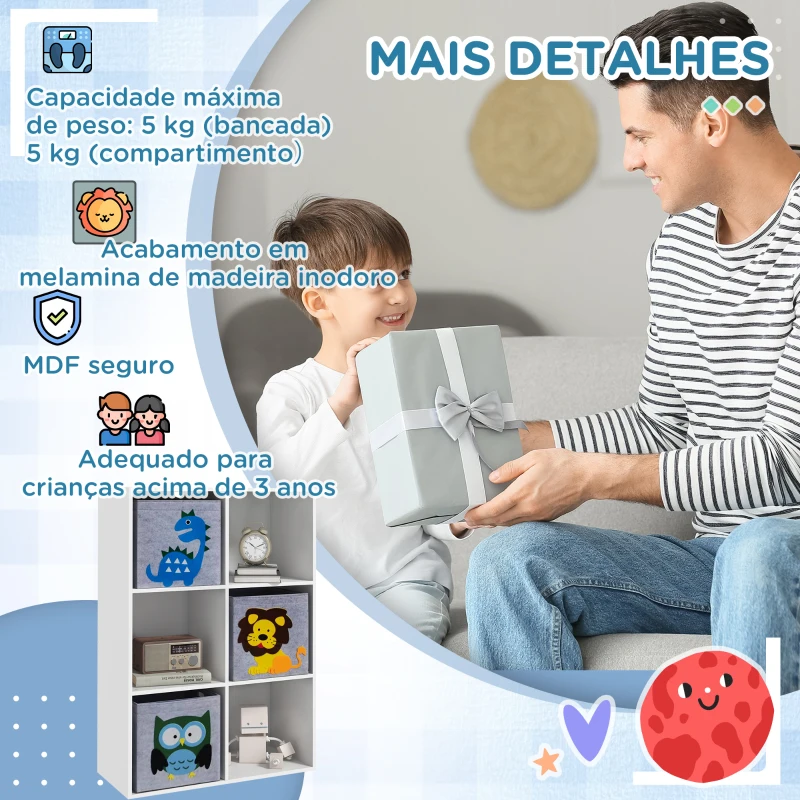 ZONEKIZ Estante para Brinquedos com 6 Compartimentos e 3 Caixas de Tecido não Tecido e Desenho de Animais 61,8x29,9x91,5 cm Branco e Cinza