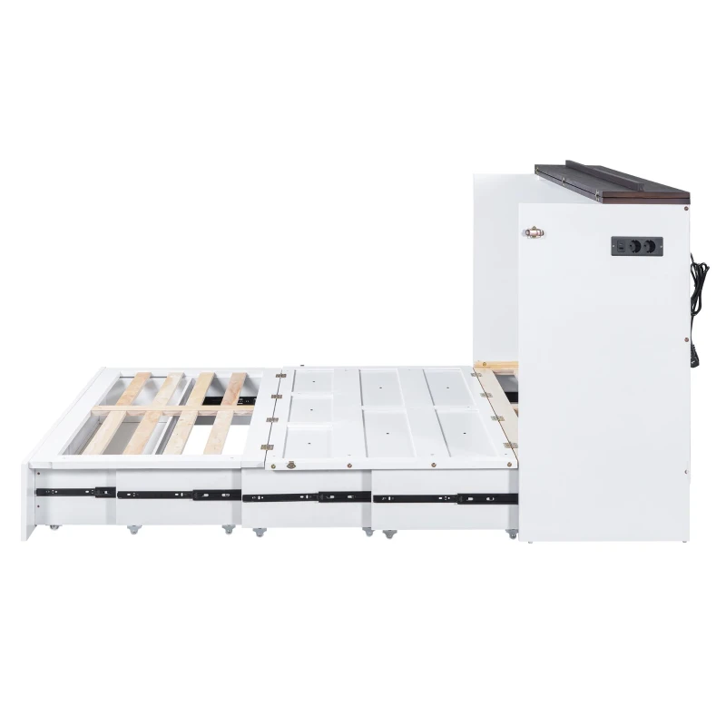 Lit escamotable 140x200 cm, lit plateforme mobile avec tiroirs et étagère, convertible et gain de place, sans matelas, Blanc