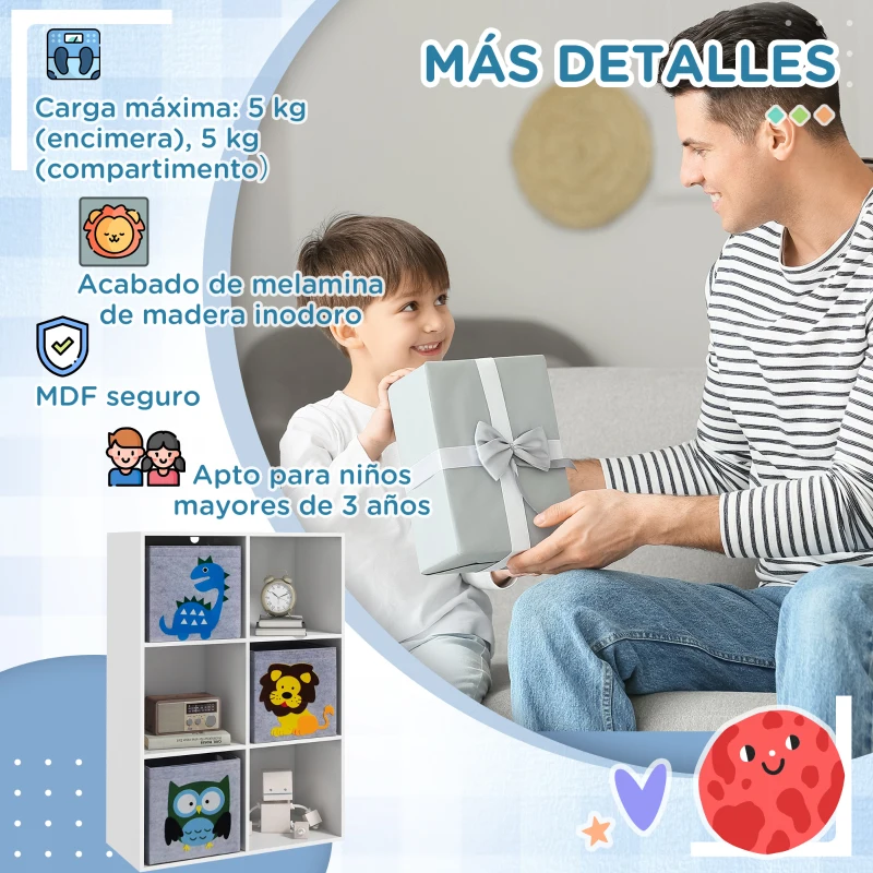 ZONEKIZ Librería para Niños de +3 Años con 6 Compartimientos y 3 Cajones de Tela no Tejida 61,8x29,9x91,5 cm Blanco y Gris