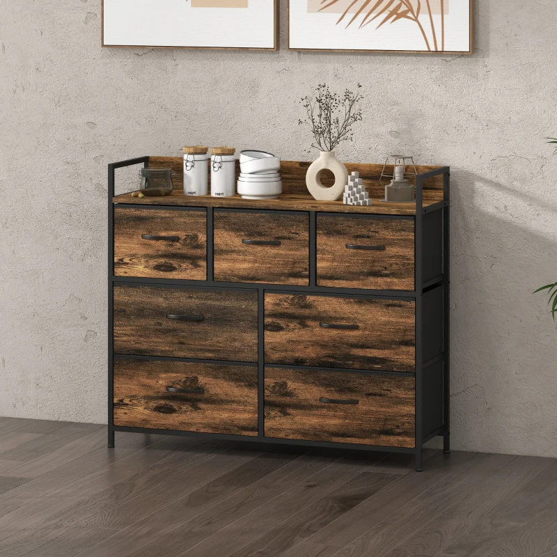 HOMCOM Ladenkast, Dressoir met 7 Stoffen Laden, Industrieel Ontwerp, Stalen Frame, 98x29x85cm, Bruin/Zwart