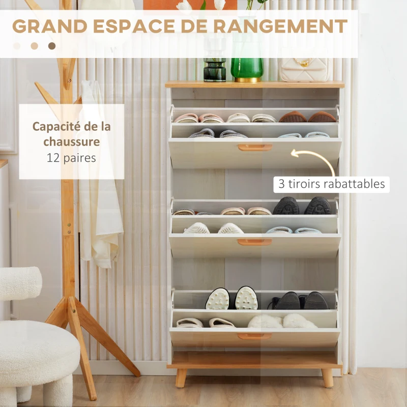 HOMCOM Meuble à chaussures style scandinave 3 abattants 70 x 23,5 x 122 cm blanc