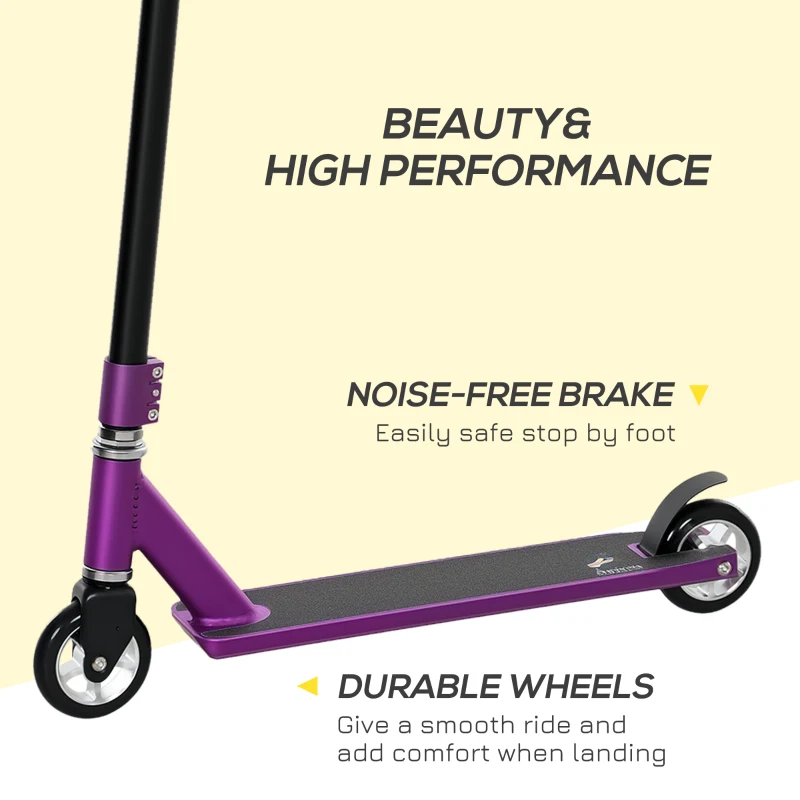 HOMCOM Stunt Scooter, 360° Entry Level Tricks Scooter w/ Lightweight Aluminium Deck and ABEC 7 Bearing, For Age 14+ Beginners, Purple