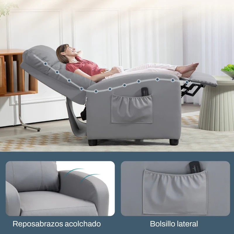 HOMCOM Sillón de Masaje Reclinable con Mando a Distancia Bolsillo Lateral y Temporizador Tapizado en PU 68x88x98 cm Gris Claro