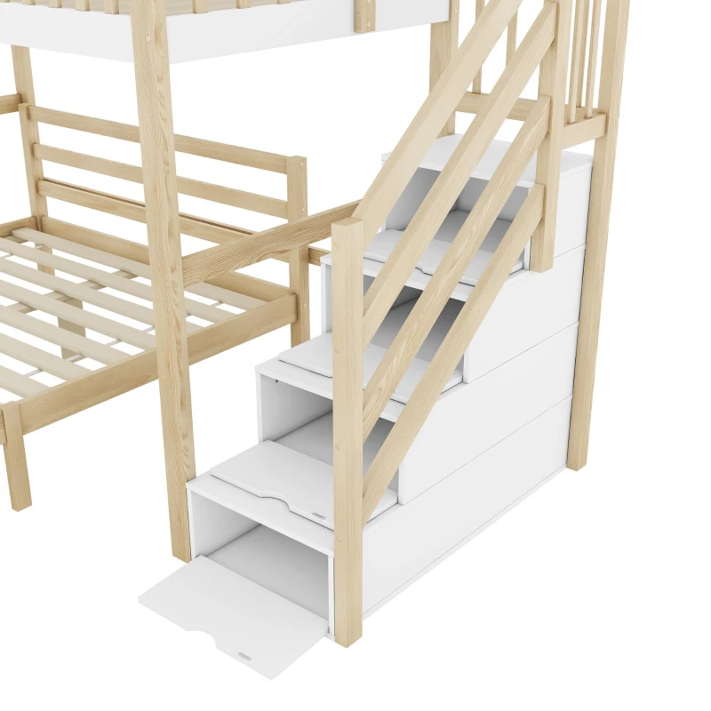 Lit mezzanine 90×200 cm,avec échelle de rangement pour d'enfant,sans matelas, Naturel+Blanc(m-7)