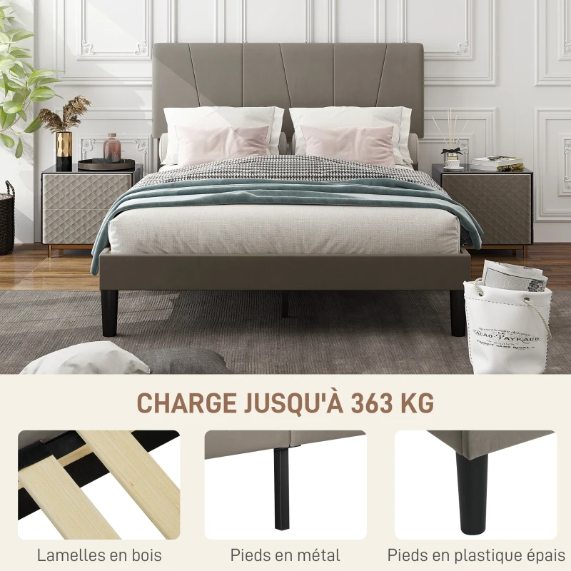 HOMCOM Cadre de lit double 140 x 190 cm lit 2 personnes tête de lit réglable sommier 150 x 198 x 100/105/110/115/120 cm gris