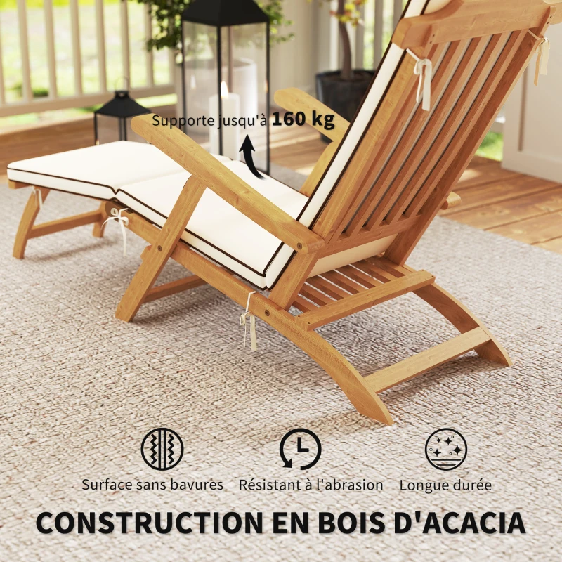 Outsunny Chaise longue pliante bain de soleil avec coussin en bois d'acacia, repose-pieds, 160 kg 155 x 54 x 86 cm blanc