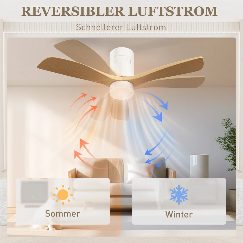HOMCOM Deckenventilator mit LED-Licht, 6 Geschwindigkeiten, Fernbedienung, Hellbraun