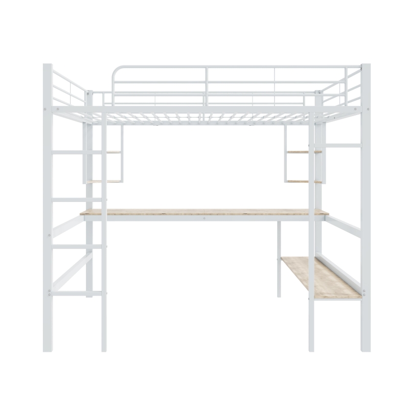 Cama Alta 140x200 cm en metal con escritorio y estanterías, sin colchón, 204x145x180 cm, Blanco