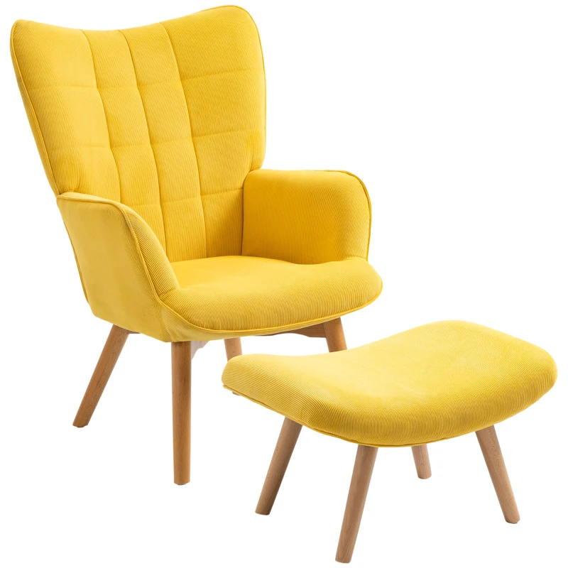 HOMCOM Fauteuil scandi accent met voetenbank, fauteuilset, beukenhout, corduroy-look, geel