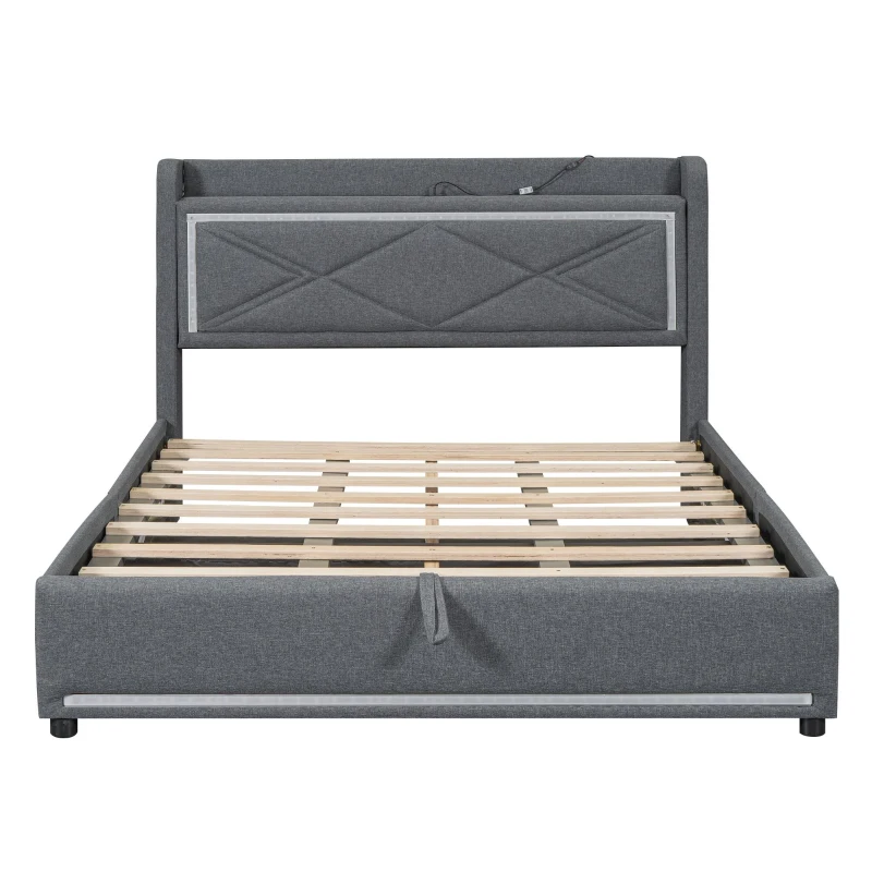 Lit plat 140×200 cm avec dispositif de levage hydraulique，grand espace de rangement, sans matelas, Gris