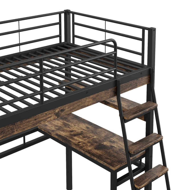 Letto a soppalco 90×200 cm, con scrivania e scaffali, senza materasso, Nero