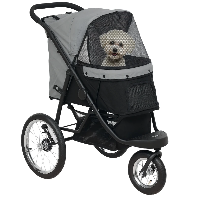 PawHut Hundebuggy, Haustierwagen für kleine Hunde und Katzen, mit Aufbewahrungskorb, Ein-Klick-Faltdesign, Grau(m-10)