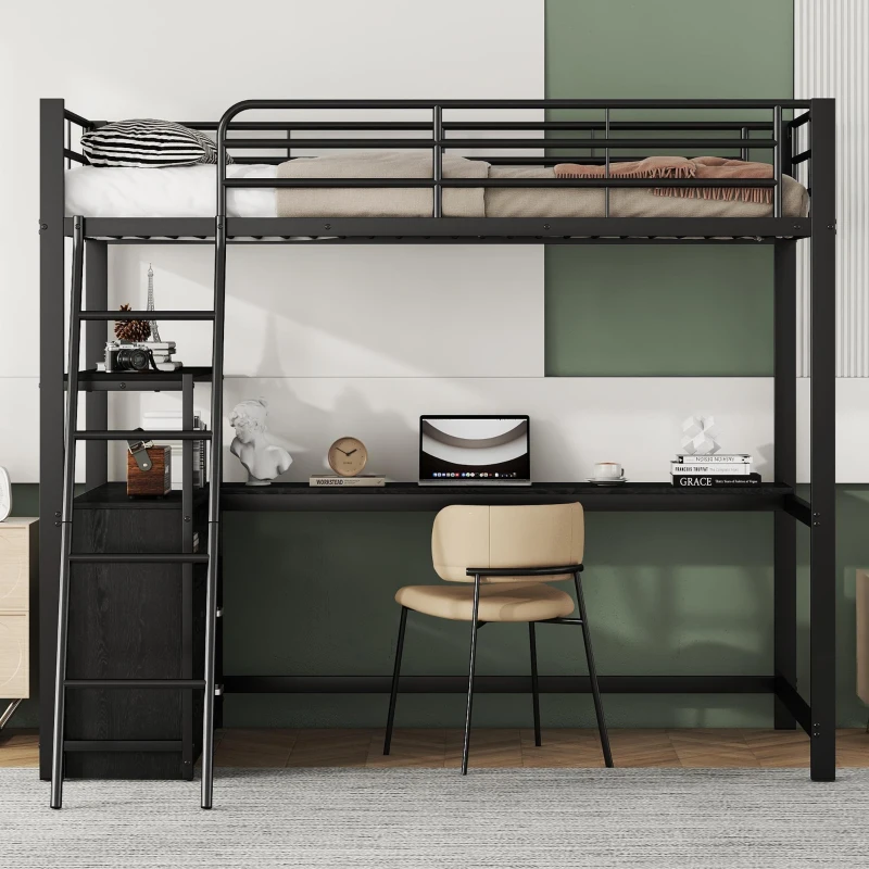 Letto a soppalco con struttura in ferro 90×200 cm, con scrivania a forma di L e cassetti, senza materasso, Nero