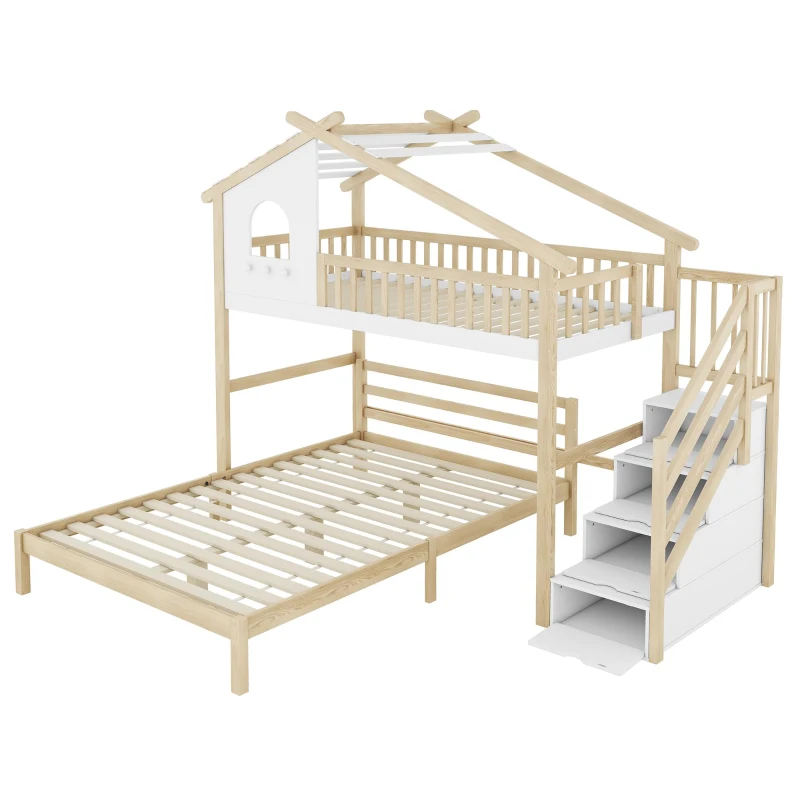Lit mezzanine 90×200 cm,avec échelle de rangement pour d'enfant,sans matelas, Naturel+Blanc(m-9)