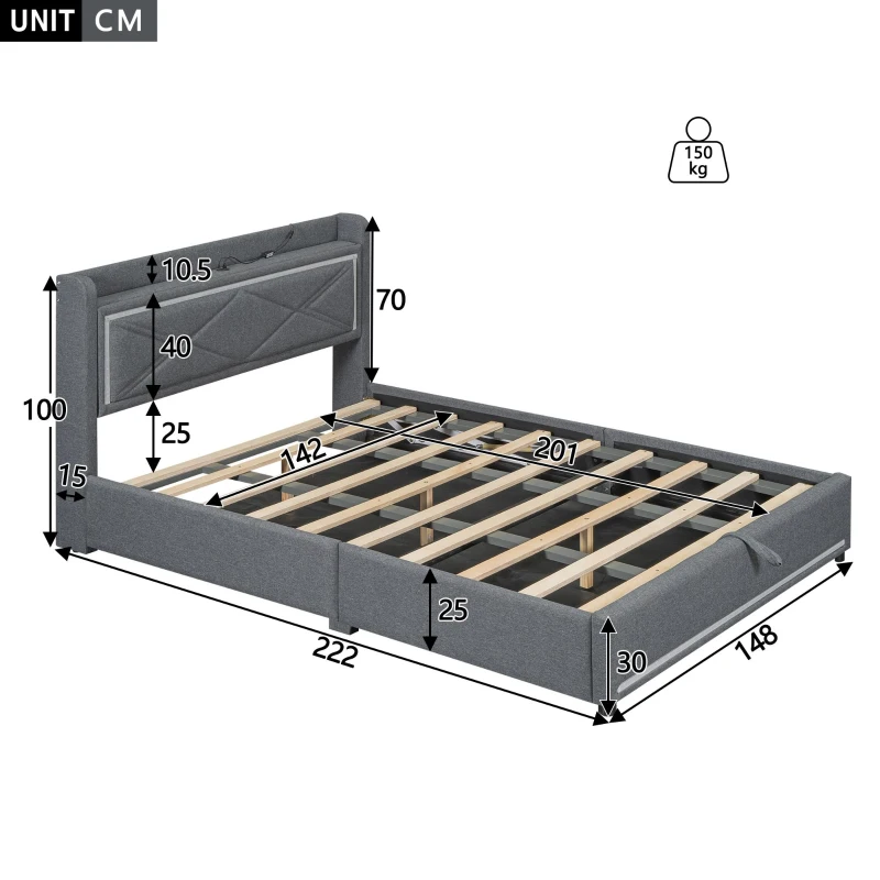 Lit plat 140×200 cm avec dispositif de levage hydraulique，grand espace de rangement, sans matelas, Gris