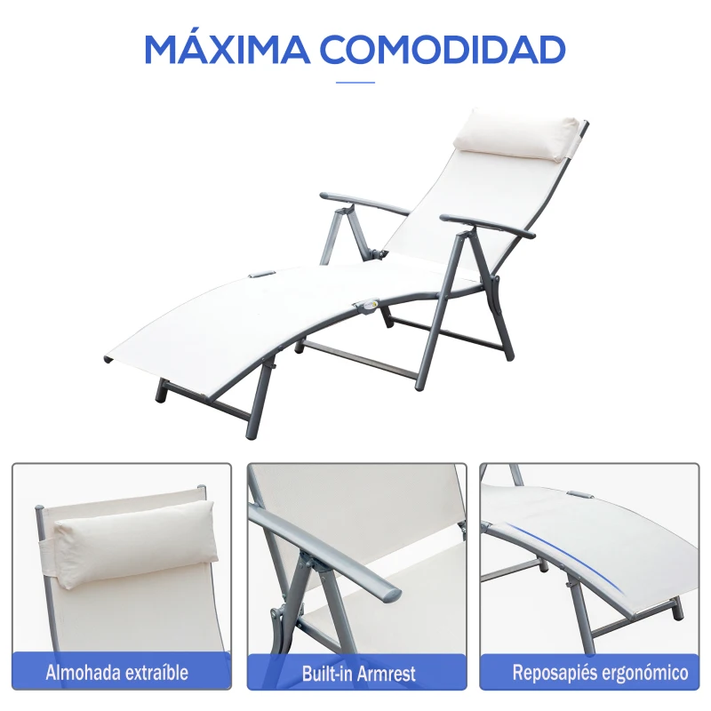Outsunny Set de 2 Tumbonas de Jardín Plegables con Respaldo Ajustable Almohada y Reposabrazos 137x63,5x100,5 cm Beige