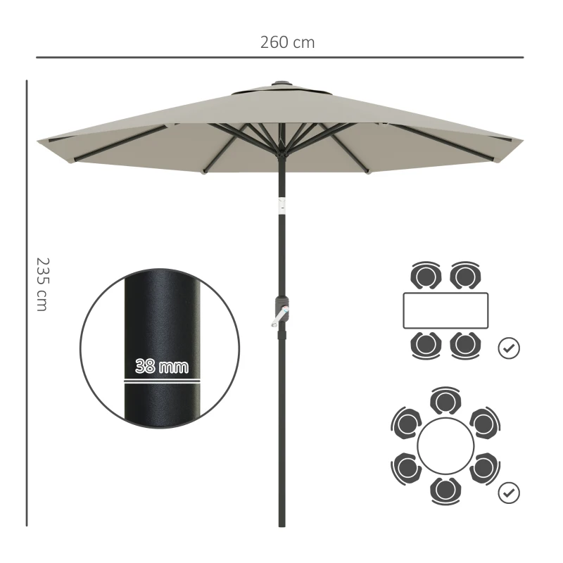 Outsunny 2.6M Garden Parasol Umbrella with Tilt and Crank, Outdoor Sun Parasol Sunshade Shelter with Aluminium Frame, Light Grey