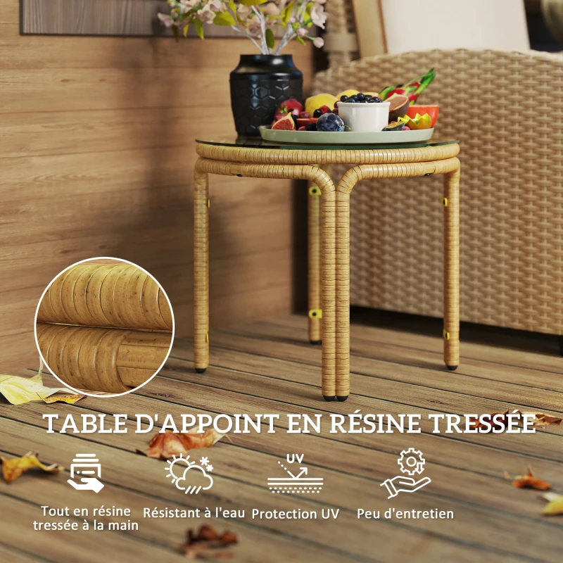 Outsunny Table d'appoint en résine tressée ronde, table basse de jardin avec plaque verre, facile à nettoyer Ø 50 x 44 cm, jaune