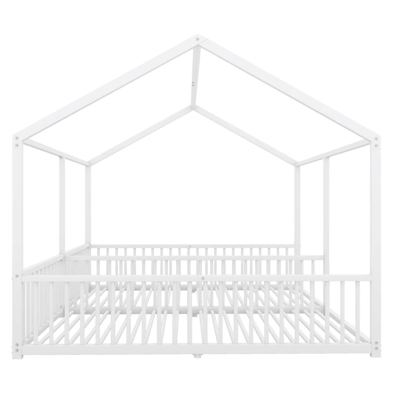 Letto per bambini 4+ anni in metallo 90×200 cm, forma di casa, con sponda di sicurezza, senza materasso, Bianco