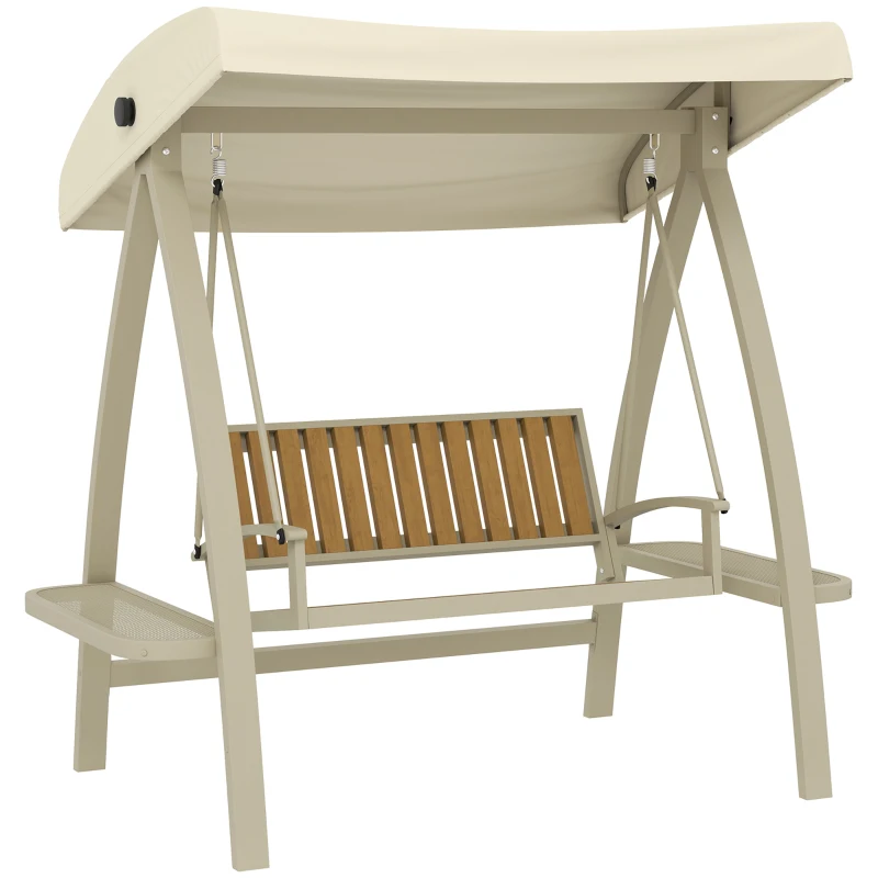 Outsunny Hollywoodschaukel 2-Sitzer Gartenschaukel mit verstellbarem Sonnendach, Seitentisch 200 x 120 x 190cm, Beige(m-10)
