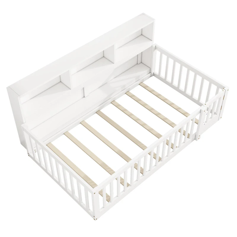 Letto 90×200 cm, lato del letto con vano contenitore, senza materasso, Bianco