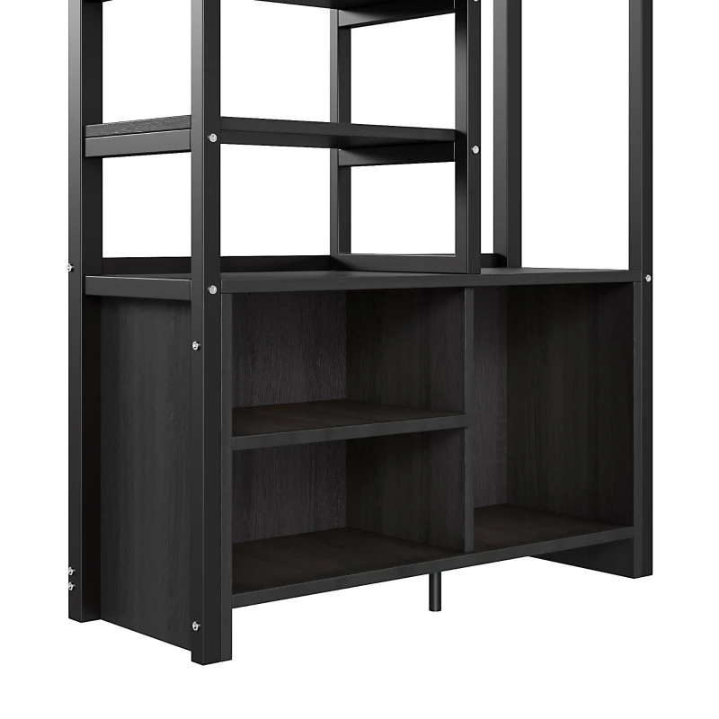 Lit mezzanine avec bureau 90×200 cm, armoire de rangement ouverte, avec garde-corps & échelle, sans matelas, Noir