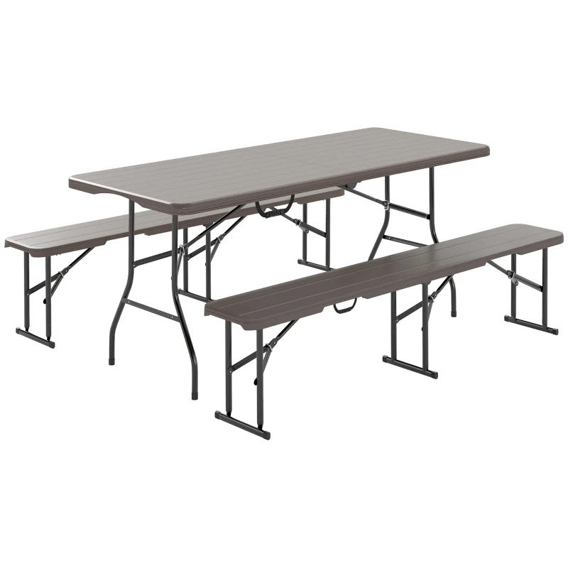 Outsunny Conjunto de Camping Plegable de Mesa y Bancos Imitación Madera para Exterior 180x74x74 cm y 182x28x42 cm Marrón