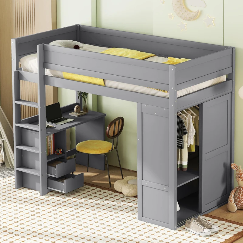 Lit mezzanine 90x200 cm pour enfants, avec armoire, bureau et tiroirs, sans matelas, Gris(m-5)
