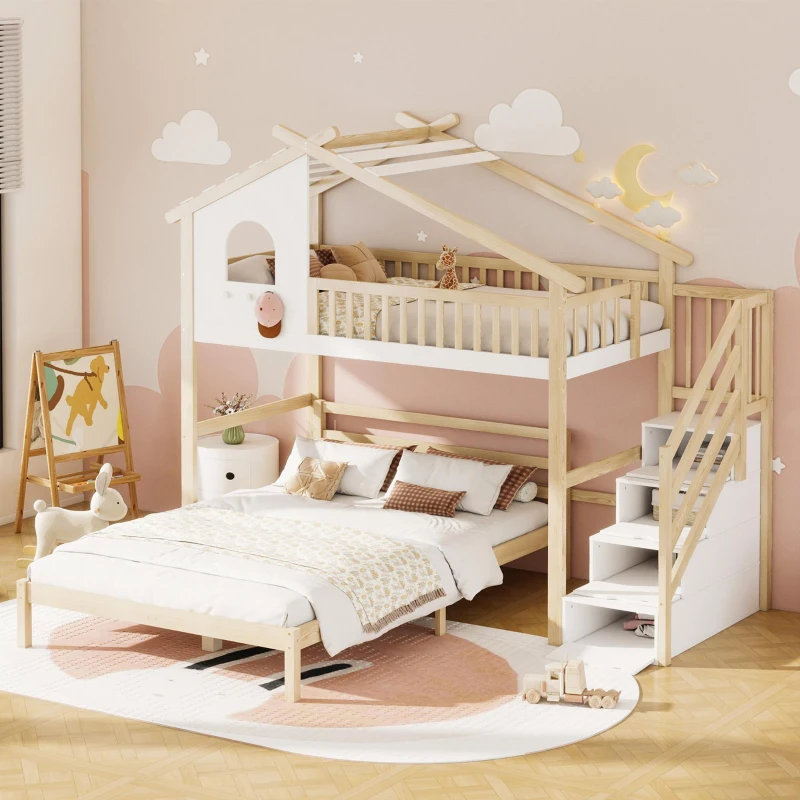Lit mezzanine 90×200 cm,avec échelle de rangement pour d'enfant,sans matelas, Naturel+Blanc(m-5)