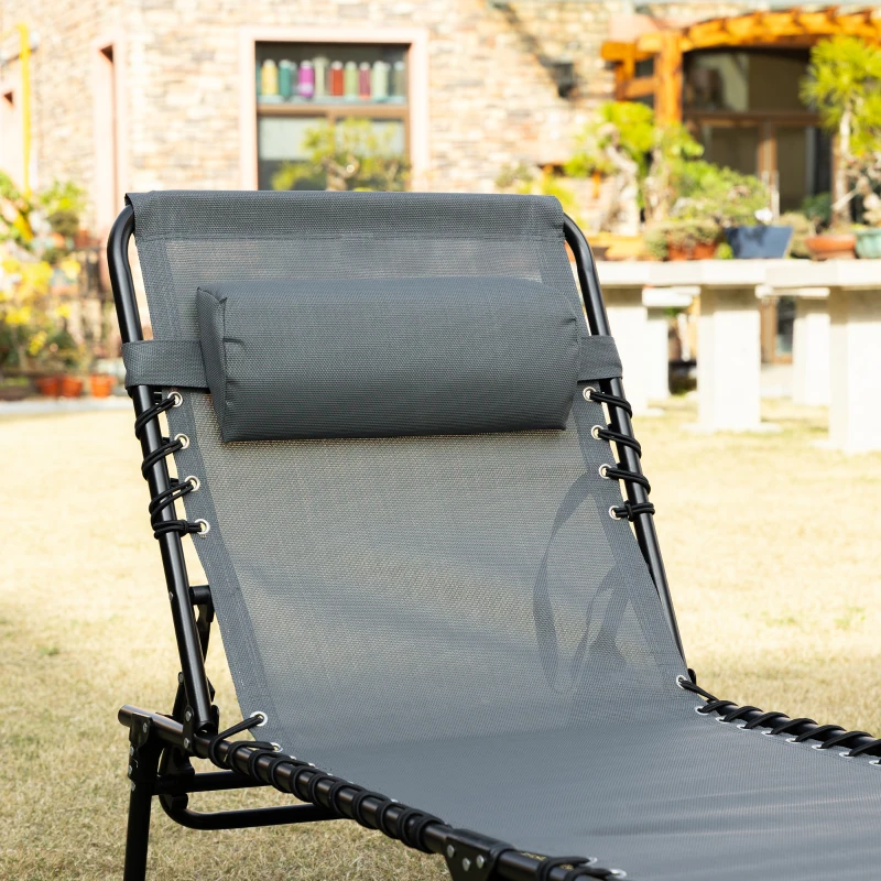 Outsunny Conjunto de 2 Tumbonas Plegables con Respaldo Ajustable Reposacabezas y Estructura de Acero 185x58x30 cm Gris