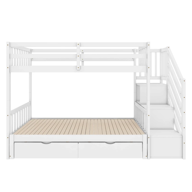 Lit superposé 90x200 cm avec lit gigogne, marches de rangement et deux tiroirs, sans matelas, Blanc(m-2)