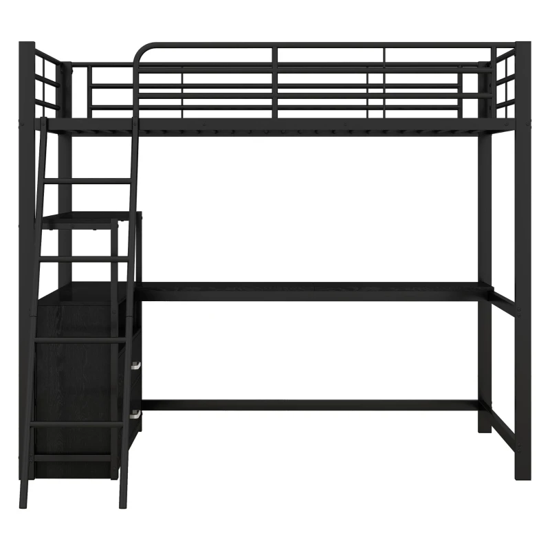 Letto a soppalco con struttura in ferro 90×200 cm, con scrivania a forma di L e cassetti, senza materasso, Nero