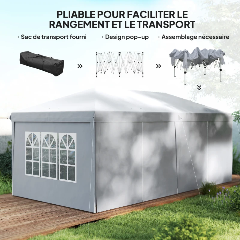 Outsunny Tonnelle barnum pliant pop-up 6 x 3 x 2,7 m 4 parois latérales amovibles 4 fenêtres sac de transport gris clair