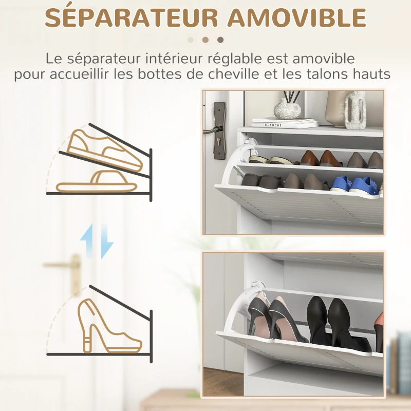 HOMCOM Meuble à chaussures d'entrée à 2 tiroirs et étagères réglables pour 16 paires de chaussures, blanc