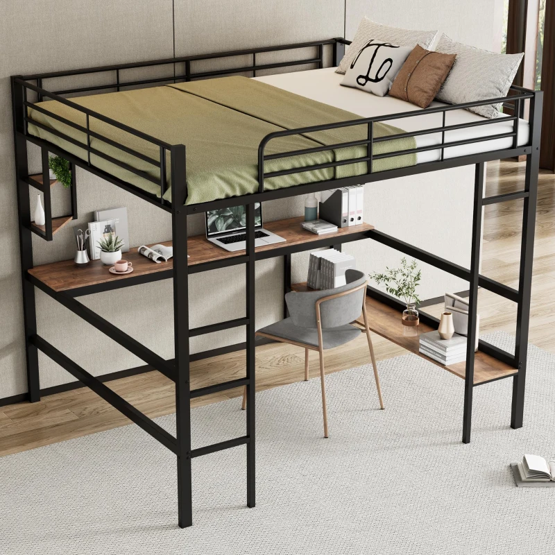 Lit mezzanine 140x200 cm en métal avec bureau et étagères, pour enfants et adultes, sans matelas, Noir