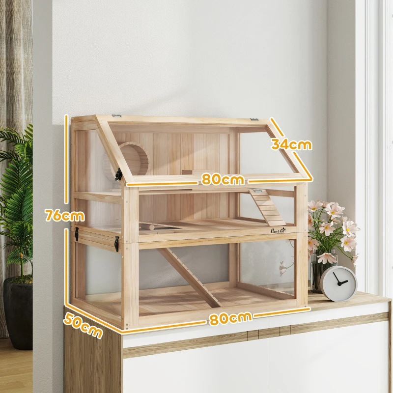 PawHut Hamsterkäfig aus Holz 3 Etagen Nagarium Nagerkäfig mit klappbarem Deckel Laufrad 80 x 50 x 76 cm Naturholz(m-3)
