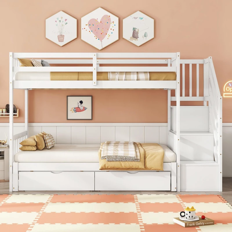 Lit superposé 90x200 cm avec lit gigogne, marches de rangement et deux tiroirs, sans matelas, Blanc(m-5)