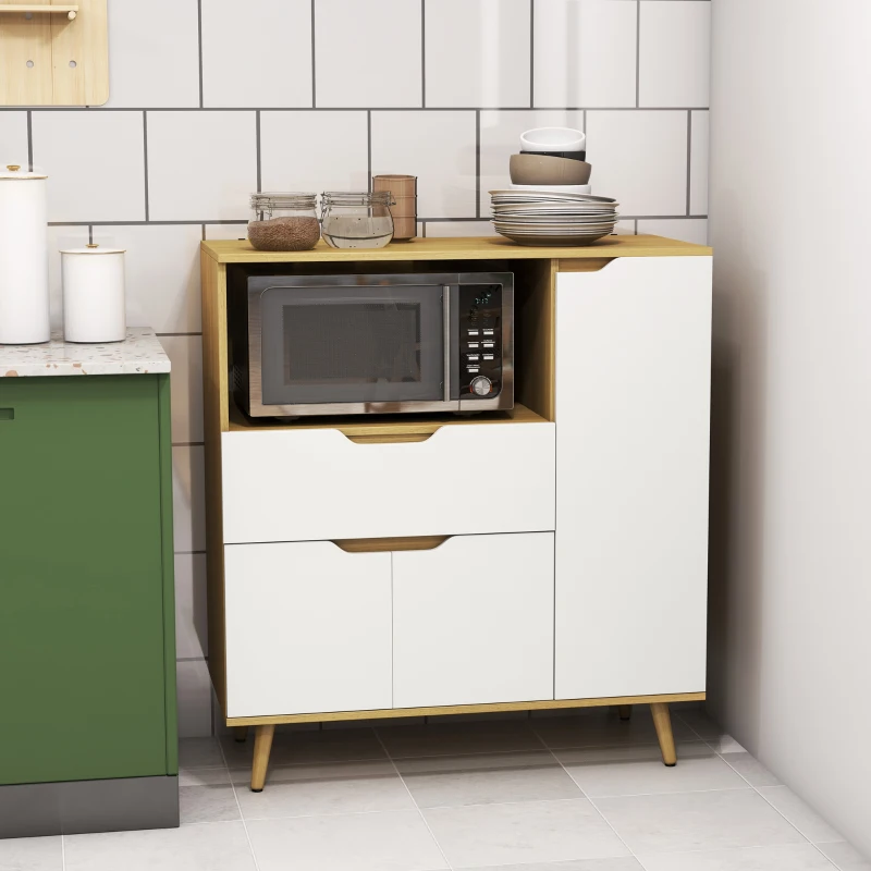 HOMCOM Meuble de rangement cuisine pour micro-ondes, 1 tiroir, 2 placards une étagère, 90 x 40 x 98,5 cm, bois et blanc