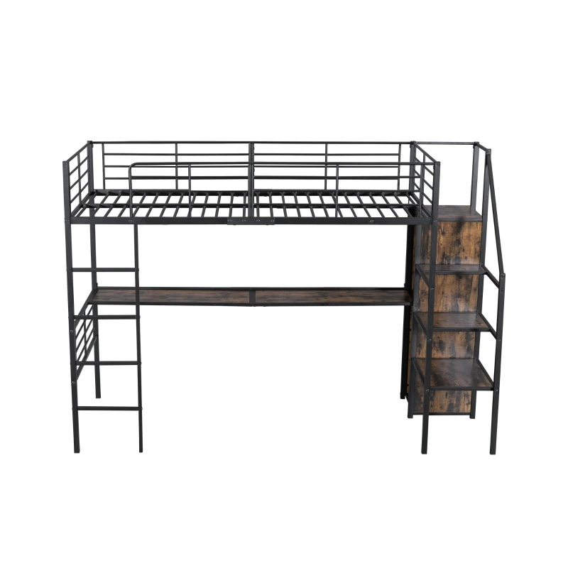 Letto a soppalco 90×200 cm, con scrivania e armadio aperto, senza materasso, Nero