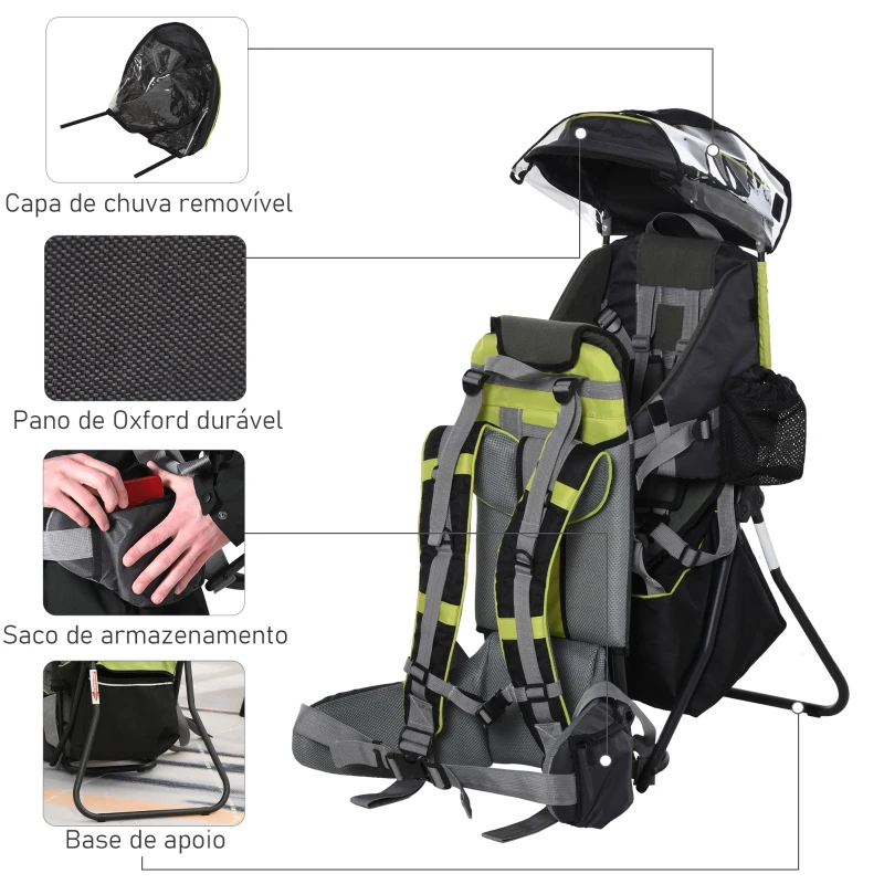 HOMCOM Mochila Porta Bebés Dobrável Mochila Porta Bebés Ergonómica com Capa Impermeável Base de Suporte e Múltiplos Bolsos para 6-36 Meses Carga Máxima 15kg 38x77x87,5cm Verde
