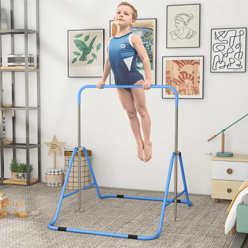 HOMCOM Kids Gymnastic Bar, Foldable Horizontal Bars w/ Adjustable Height, Training Bar w/ Triangle Base - Blue