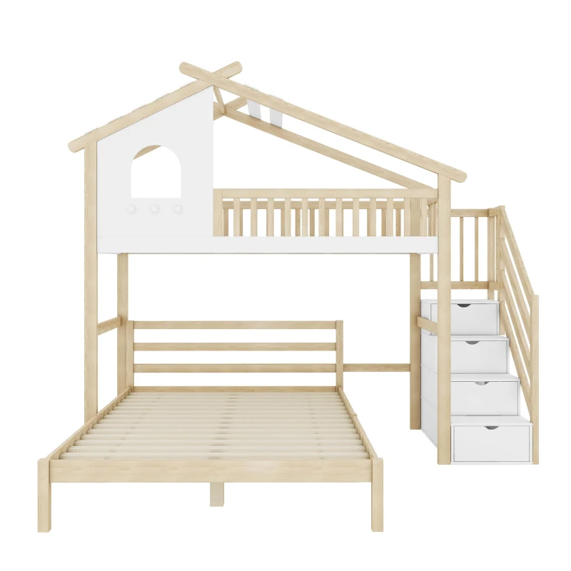 Lit mezzanine 90×200 cm,avec échelle de rangement pour d'enfant,sans matelas, Naturel+Blanc(m-2)