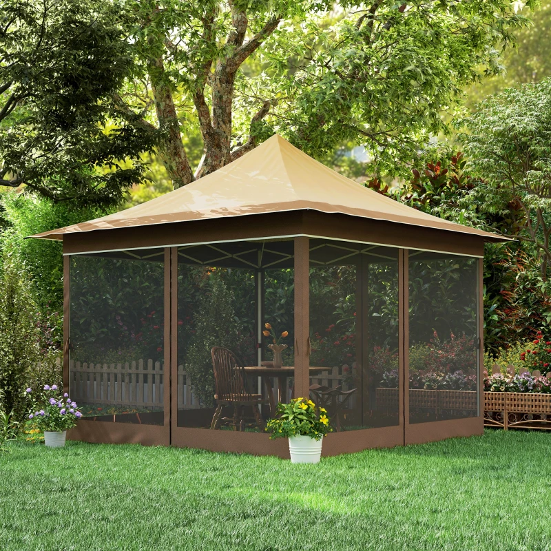 Outsunny Tonnelle de jardin 3,5 x 3,5 m, tente pliante avec 4 moustiquaires, hauteur réglable, sac de transport, beige