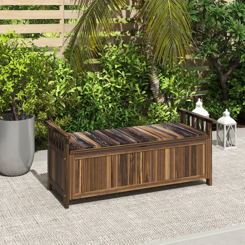 Outsunny 2-Sitzer Gartenbank Holz, wetterfest Sitzbank, Gartenmöbel mit Stauraum Armlehnen 128,5 x 56 x 53,5cm, Verkohlt(m-9)